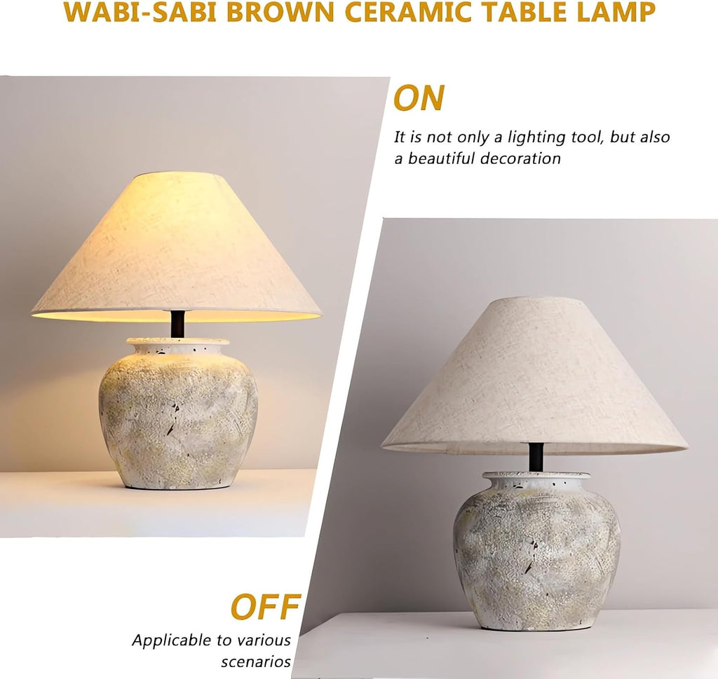 Farmhouse Table Lamp White Ceramic Lamps Rustic Clay Pot with Fabric Shade Decor for Living Room Bedroom House Bedside Nightstand Home Office