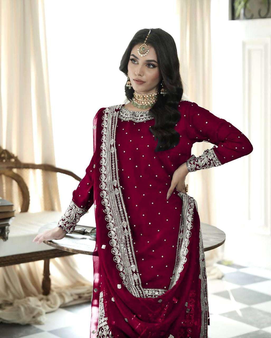 Create & Kraft Women's Faux Georgette Embroidered Straight Kurta with Sharara & Dupatta Set with Rivet Moti Work