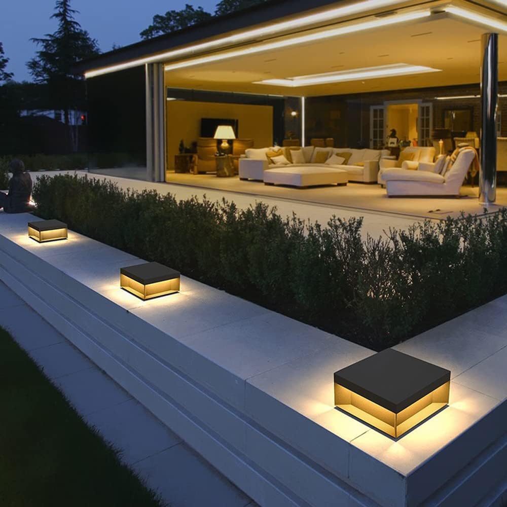 SLAWA Pillar Lamp Post Light - 3000K Outdoor Column Pillar Lamps LED Modern Black Square Patio Pole Table Lamps Waterproof Aluminum Fence Deck Column Cap Lamp for Patio Posts Garden Decoration