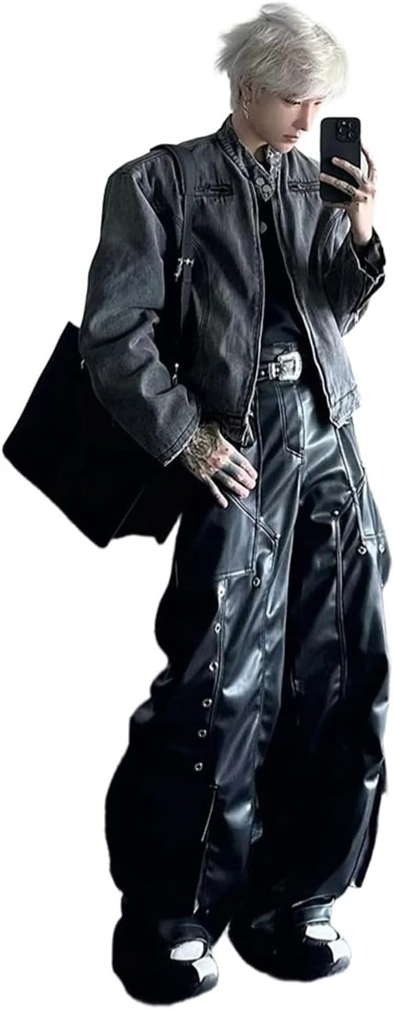 Spring Autumn Long Loose Casual Shiny Pu Leather Pants Men Rivet Wide Leg Trousers Punk Style Streetwear