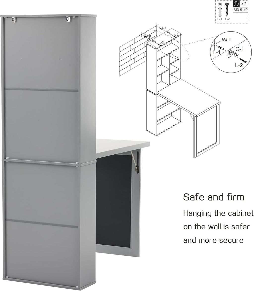 Folding Desk with Storage,Foldable Convertible Writing table with Blackboard and Shelves,Wall Mount Fold Out Table Cabinet , Space-Saving Murphy Desk for Multi-Function Home Office Workstation (Grey)