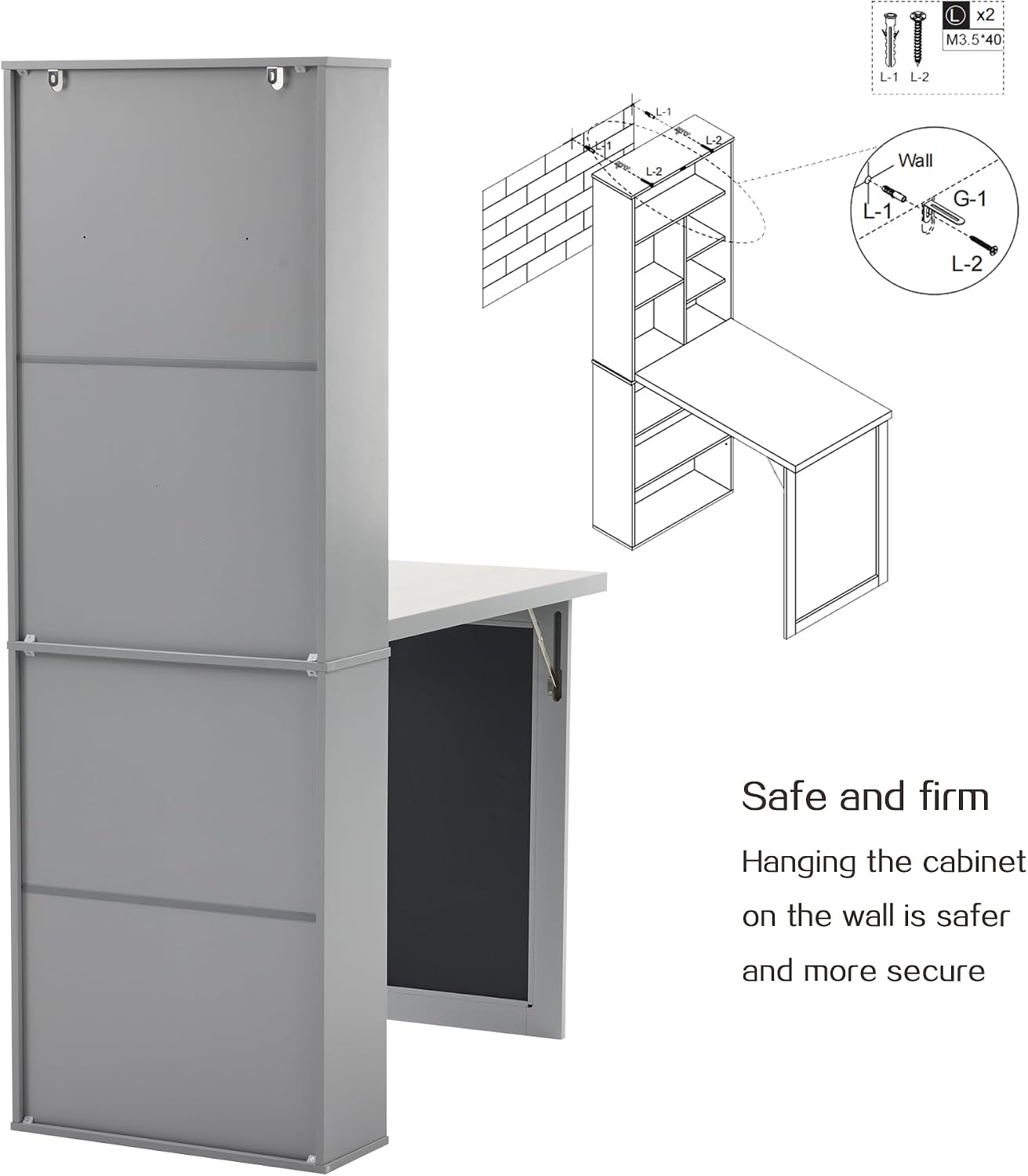 Folding Desk with Storage,Foldable Convertible Writing table with Blackboard and Shelves,Wall Mount Fold Out Table Cabinet , Space-Saving Murphy Desk for Multi-Function Home Office Workstation (Grey)