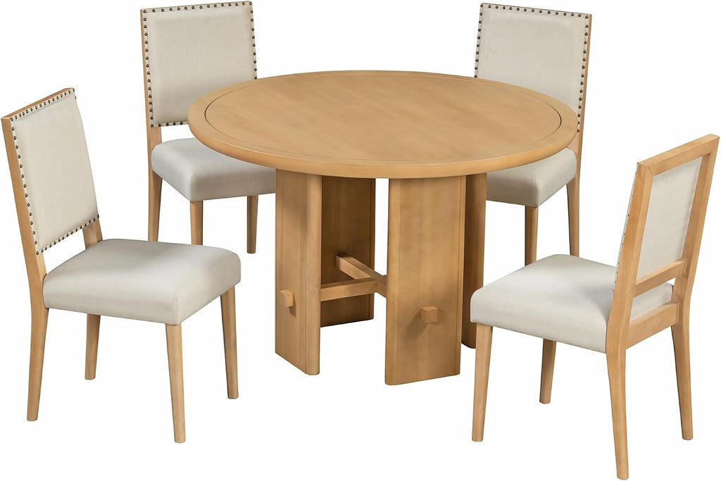 Merax 5-Piece Round Dining Table Set for 4, Minimalist Farmhouse Dining Table with 4 Upholstered Chairs, Kitchen & Dining Room Sets, Beige+Natural