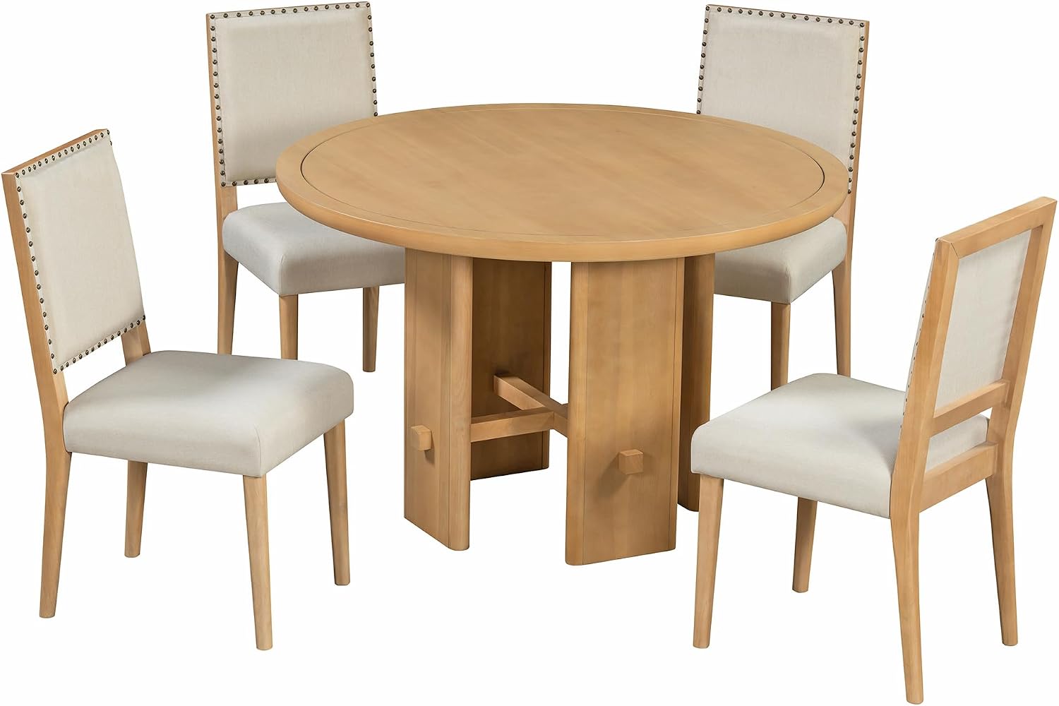 Merax 5-Piece Round Dining Table Set for 4, Minimalist Farmhouse Dining Table with 4 Upholstered Chairs, Kitchen & Dining Room Sets, Beige+Natural