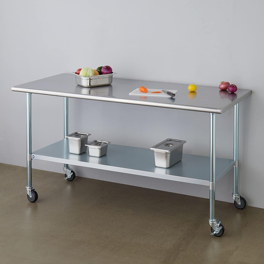 ROCKPOINT Stainless Steel Table for Prep & Work with Caster Wheels 30x72 Inches, NSF Metal Commercial Kitchen Heavy Duty Table with Adjustable Under Shelf and Table Foot for Restaurant, Home and Hotel