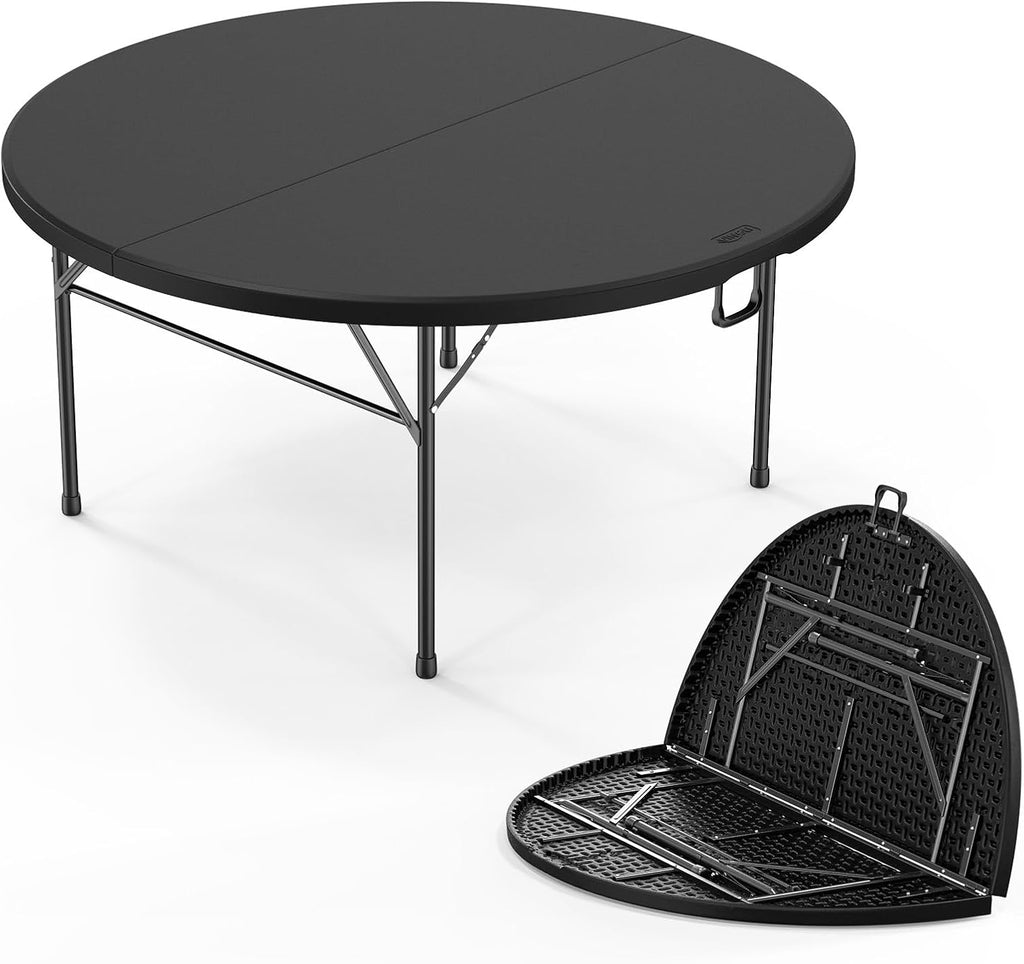 VINGLI 5 FT Black Round Bi-Folding Commercial Table, 60 inch Portable Plastic Dining Card Table for Kitchen Party Wedding Event, 1-Pack