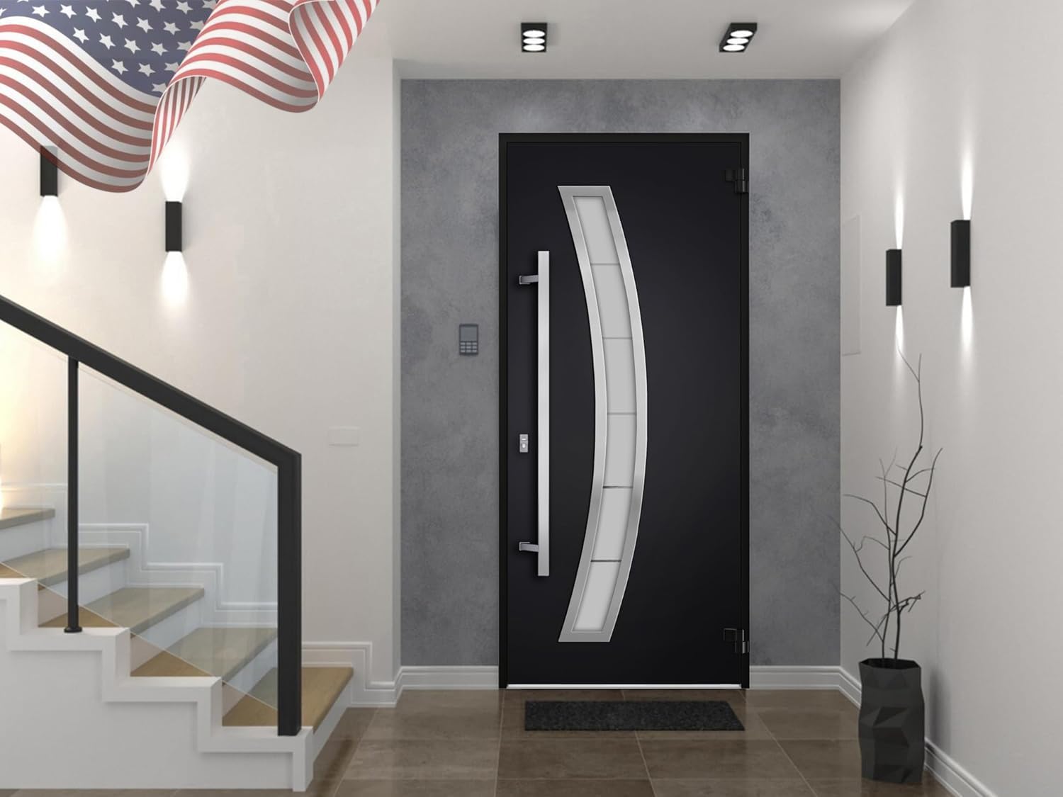 VDOMDOORS Front Exterior Prehung Steel Door/Deux 6500 Black/Stainless Inserts Single Modern Painted-W36 x H80-Left-hand Inswing