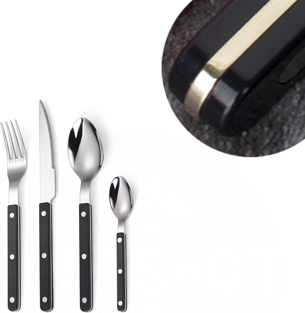 JUSTSHOT 24 Piece Rivet ABS Handle Flatware Set for 6,1810 Stainless Steel Black Handle Silverware Set,Rivet Handle Cutlery Flatware Set,Mirror Polished,Dishwasher Safe