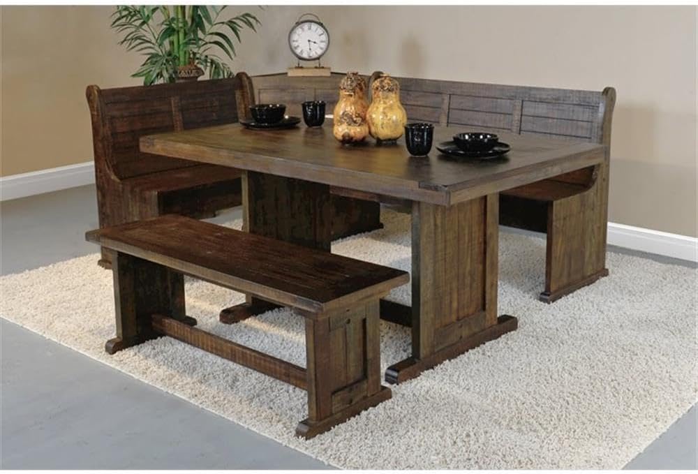Pemberly Row 3-Piece Farmhouse Wood Breakfast Nook Set with Table, Hidden Storage, Planked Tops, Reversible Seating, in Tobacco Leaf Finish