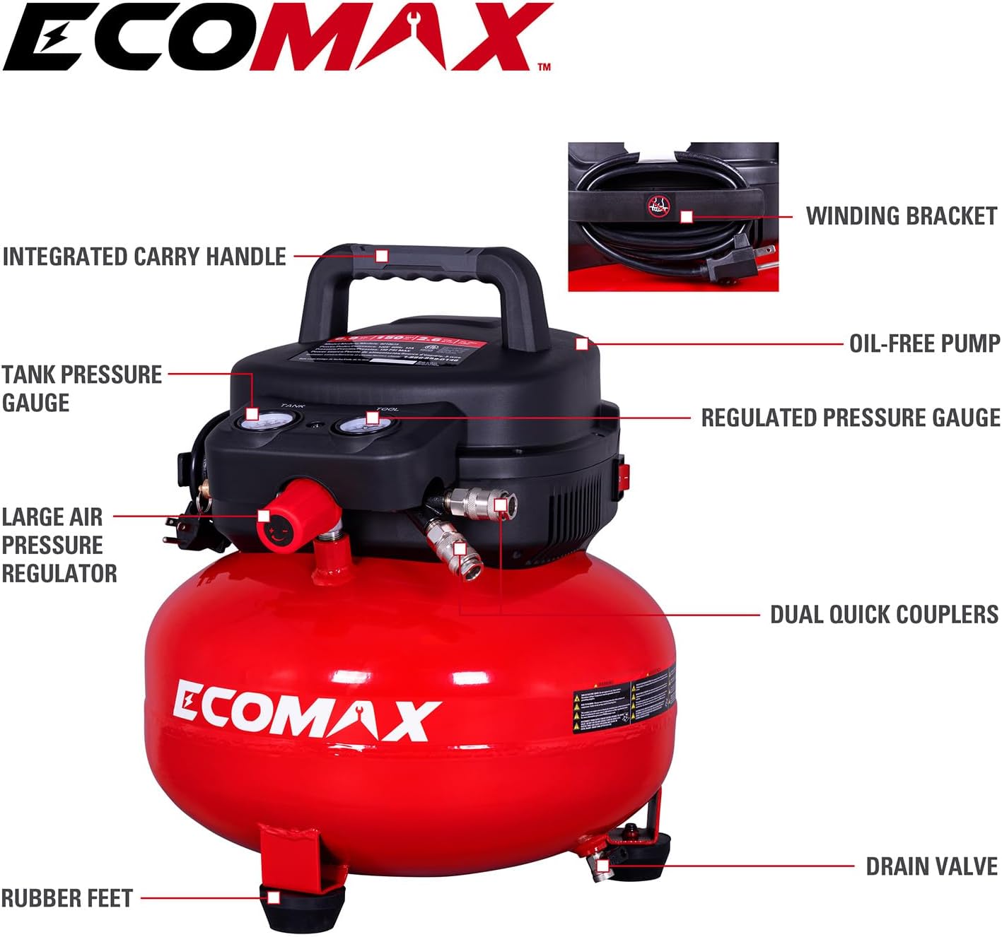 ECOMAX Air Compressor, Portable Air Compressor, 6 Gallon, Pancake Air Compressor, Max 150 PSI, 2.6 CFM @90 Psi, Oil Free Small Electric Air Compressor for Car, Home and Jobsite, Red Model: 0210673