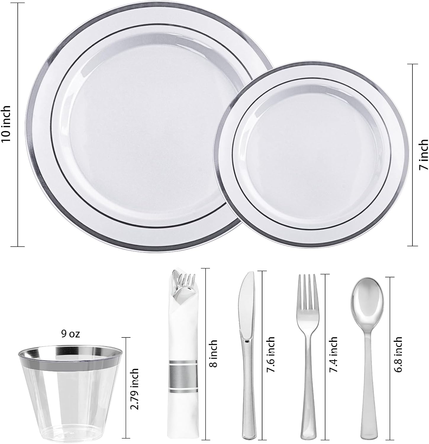 700 PCS White and Silver Plastic Dinnerware Set for 100 Guests, 200 Disposable Plates for Party, 100 Pre Rolled Napkins with Silver Silverware, 100 Cups