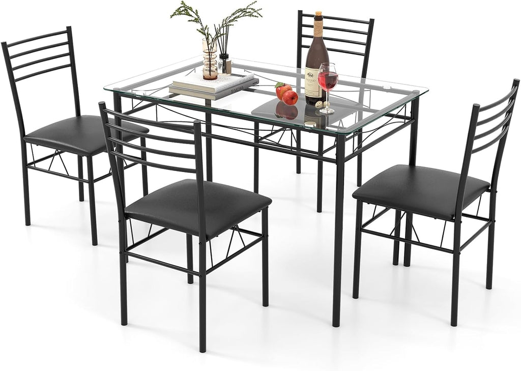 Giantex 5 Piece Dining Table Set, Kitchen Dining Set with Tempered Glass Table Top and 4 Upholstered Chairs, Dinette Set for 4 for Breakfast Nook Dining Room Kitchen (Black)