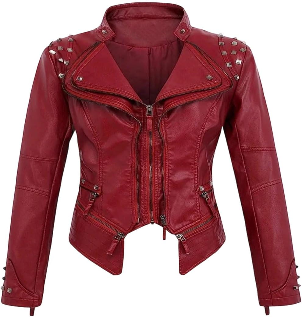 Ladies' Spring and Autumn suit collar, rivet waist, short style, washed PU, slimming and elegant leather jacket