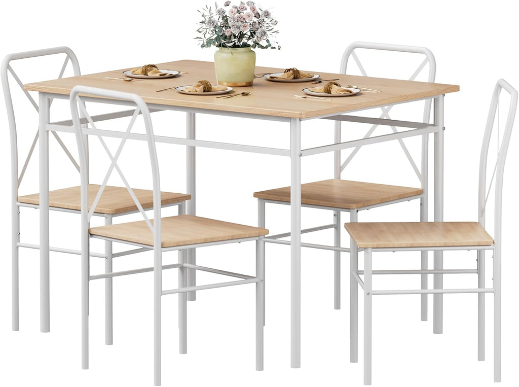 VECELO Dining Table Set for 4, 5-Piece Wood Kitchen Table with Chairs for Small Space, Breakfast Nook, Space-Saving, Natural White