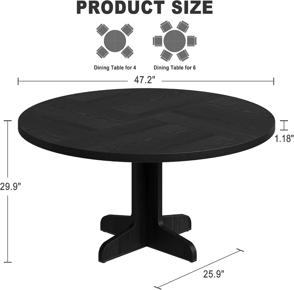 IDEALHOUSE Round Dining Table for 4, 47 Inches Dining Room Table with Wooden Base, Circle Kitchen Dinner Table for Dining Room, Kitchen, Living Room (Table Only), Black