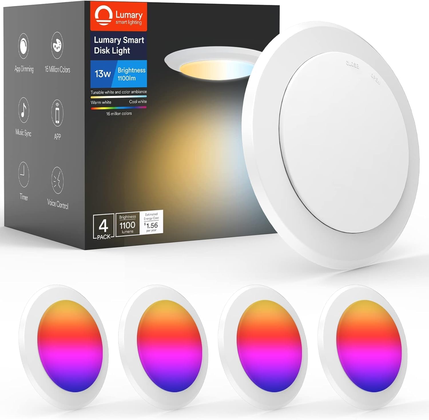 Lumary 13W Smart Flush Mount Ceiling Lights 5/6 Inch, RGBWW WiFi LED Disk Light, Color Changing 2700-6500K Dimmable Recessed Lighting, Surface Mount, Compatible with Alexa/Google Assistant-4Pack