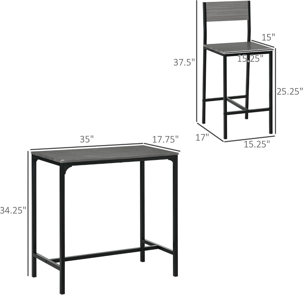 HOMCOM 3 Piece Bar Table and Chairs, Industrial Dining Table Set for 2, Counter Height Kitchen Table with Bar stools, Breakfast Table Set for 2 for Small Space, Gray