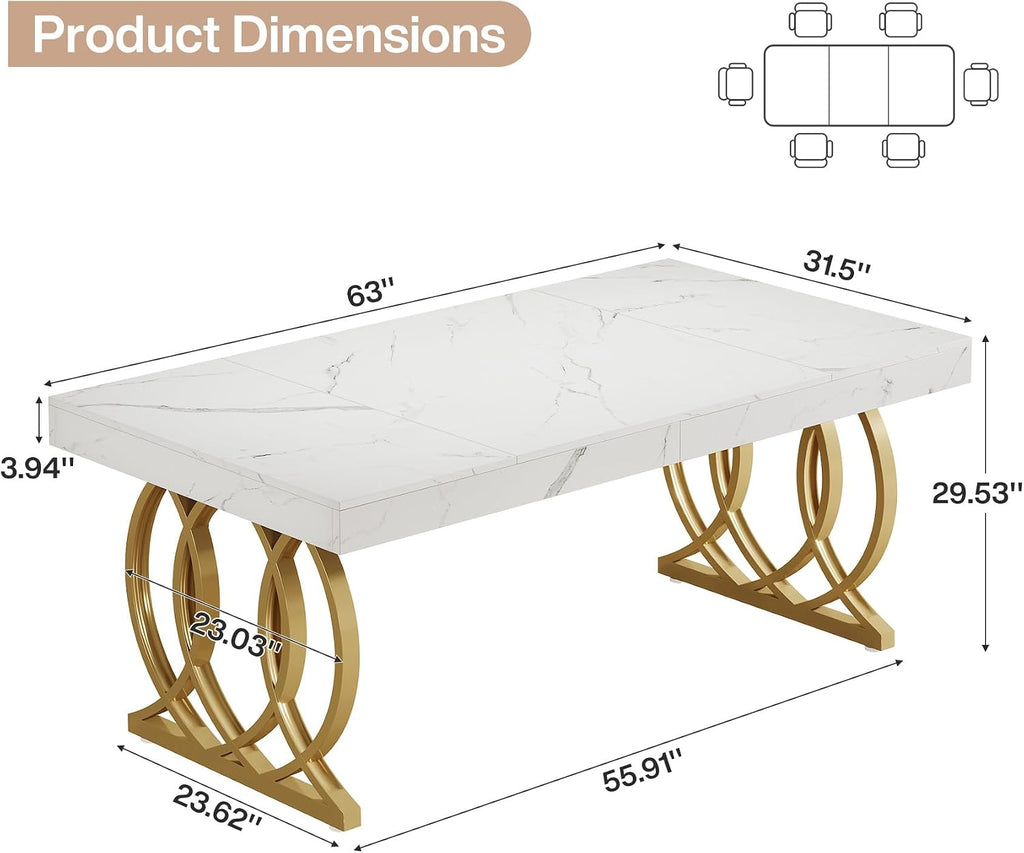 Tribesigns 63-Inch Dining Table for 4-6, Modern Kitchen Table with Faux Marble Tabletop and Geometric Legs, Rectangle Dining Room Furniture for Living Room, Kitchen, White and Gold