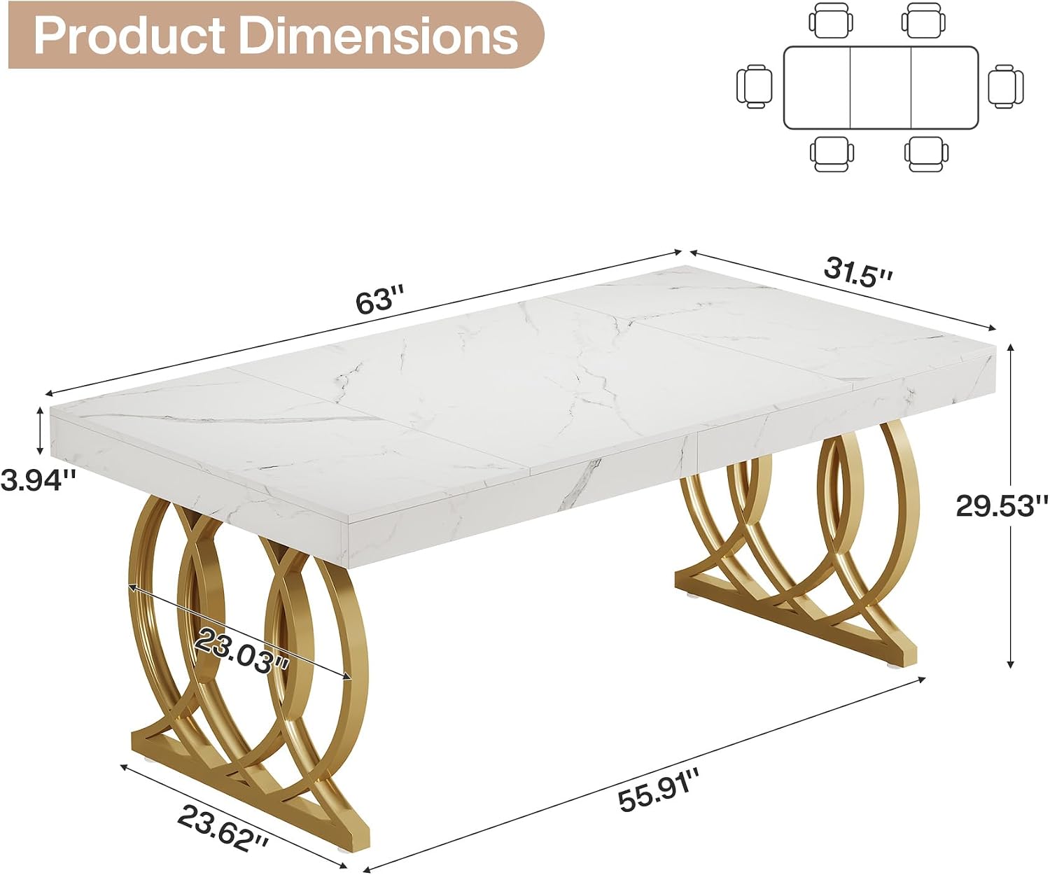 Tribesigns 63-Inch Dining Table for 4-6, Modern Kitchen Table with Faux Marble Tabletop and Geometric Legs, Rectangle Dining Room Furniture for Living Room, Kitchen, White and Gold
