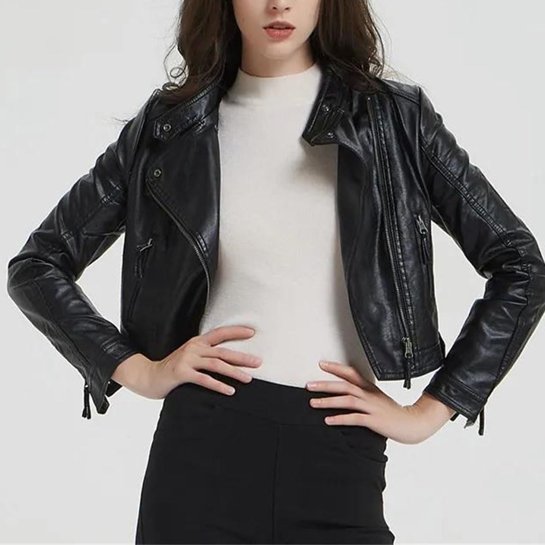 Women'S Washed Rivet Motorcycle Coat Streetwear Style Short Turn-Down Collar Long Sleeves Fashion PU Leather Outerwear