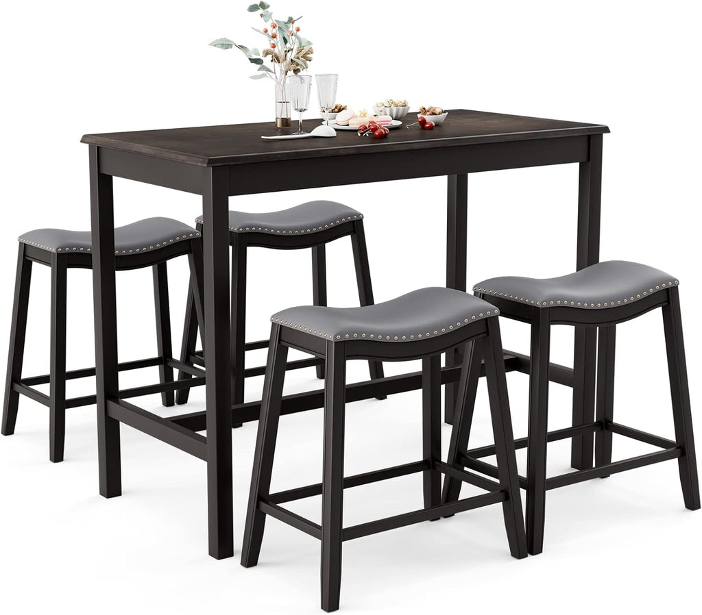 COSTWAY 5-Piece Dining Table Set for 4, Counter Height Breakfast Table and Upholstered 4 Saddle Stools, Space-Saving Design, Rubber Wood Pub Dinette Set for Bistro Dining Room Small Space, Black+Grey