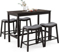 COSTWAY 5-Piece Dining Table Set for 4, Counter Height Breakfast Table and Upholstered 4 Saddle Stools, Space-Saving Design, Rubber Wood Pub Dinette Set for Bistro Dining Room Small Space, Black+Grey