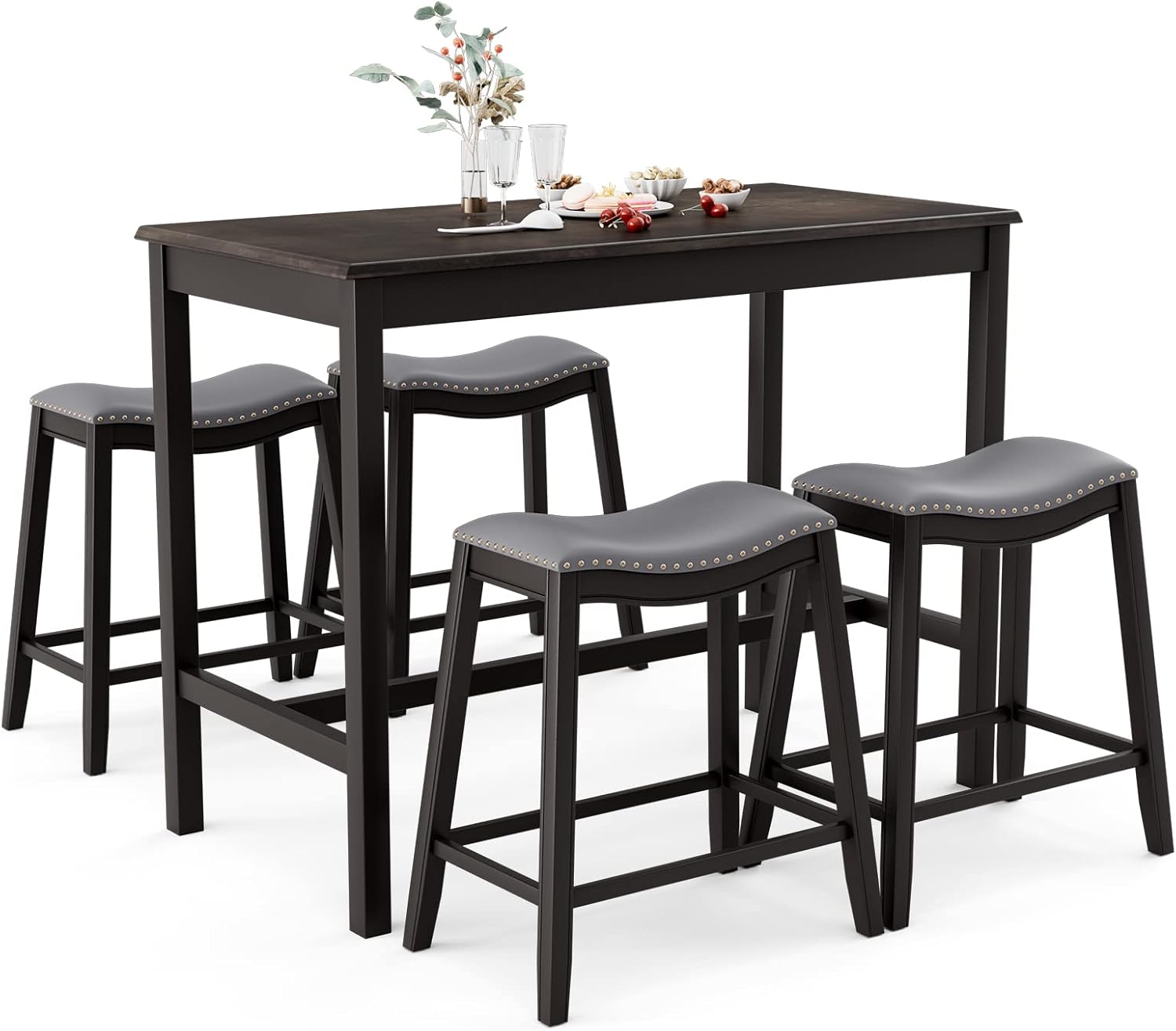 COSTWAY 5-Piece Dining Table Set for 4, Counter Height Breakfast Table and Upholstered 4 Saddle Stools, Space-Saving Design, Rubber Wood Pub Dinette Set for Bistro Dining Room Small Space, Black+Grey