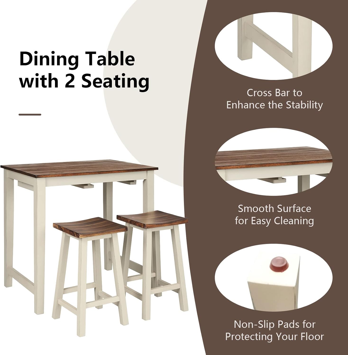 COSTWAY 3 Pieces Dining Set, Counter Height Pub Table Set with 2 Saddle Stools, Industrial Wood Breakfast Table Set for Bar, Kitchen, Living Room, Restaurant