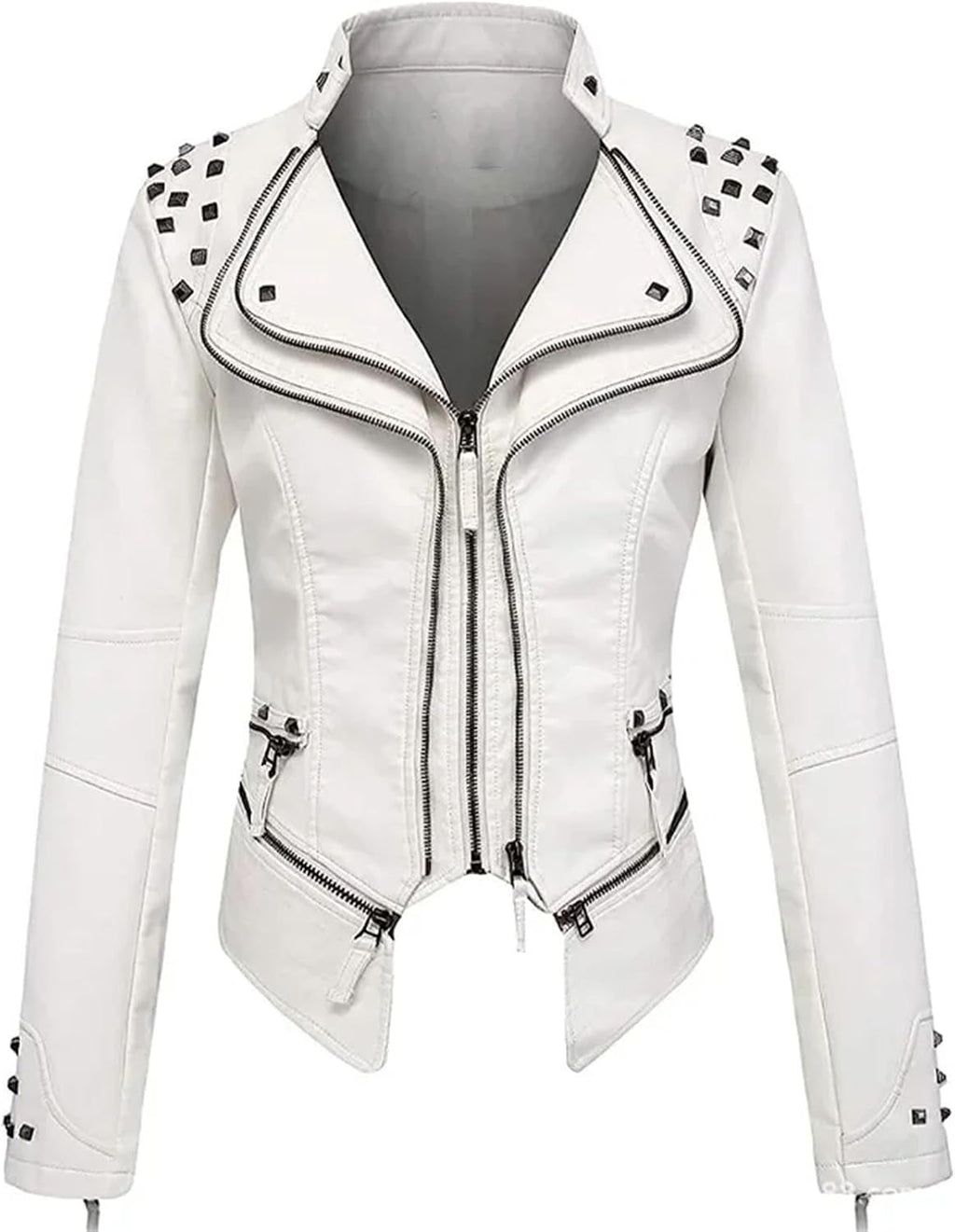 Women's Washed Pu Leather Jacket - Short Turn-Down Collar With Rivet Details Spring Autumn Wear