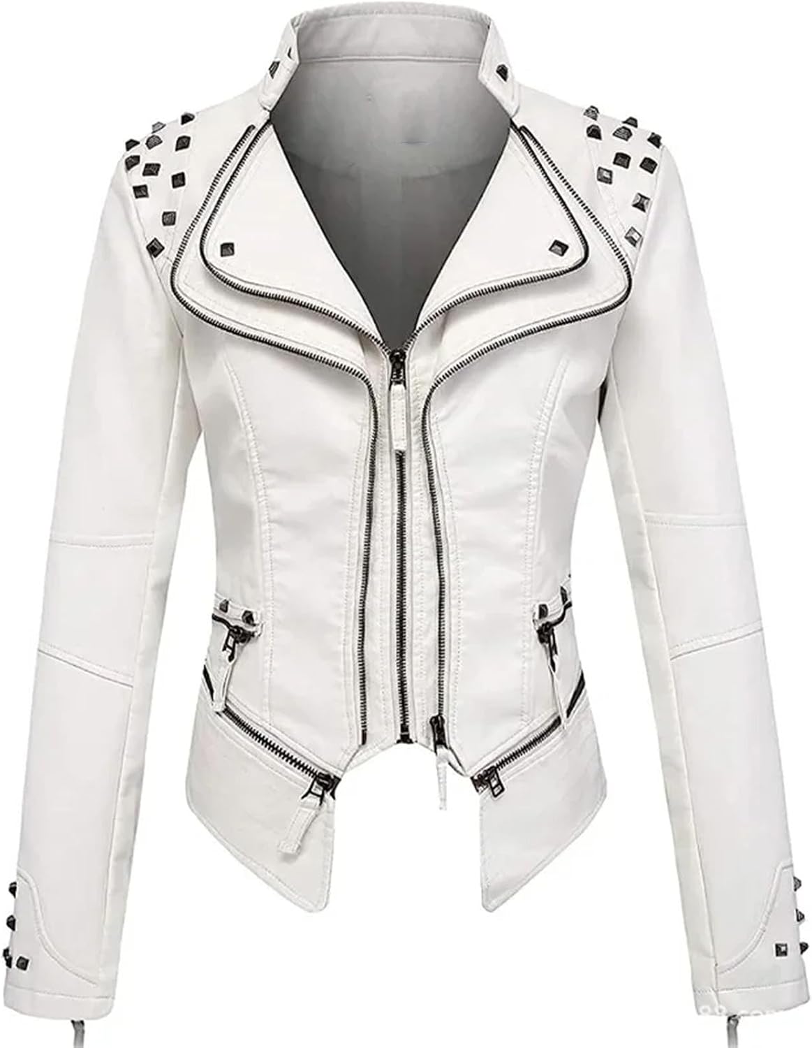 Women's Washed Pu Leather Jacket - Short Turn-Down Collar With Rivet Details Spring Autumn Wear