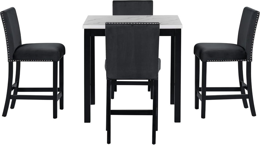 Merax Dining Table Set for 4, Counter Height Kitchen Table with Faux Marble Dining Table and 4 Upholstered-Seat Chairs, 5 Piece Dining Room Set, Black