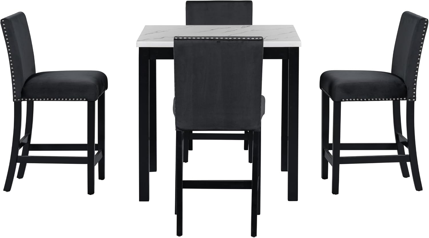 Merax Dining Table Set for 4, Counter Height Kitchen Table with Faux Marble Dining Table and 4 Upholstered-Seat Chairs, 5 Piece Dining Room Set, Black