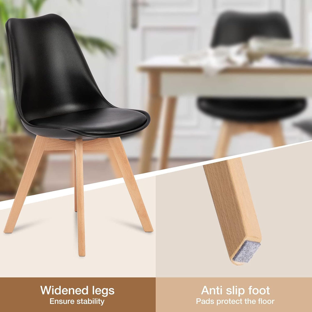 OLIXIS Set of 4 Dining Kitchen Mid-Century Modern Chairs with Wood Legs and PU Leather Cushion, Upholstered Seating for Living Room Bedroom Outdoor Lounge, Black