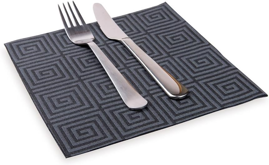Restaurantware Luxenap 15.75 Inch Disposable Napkins 600 Soft Linen Like Napkins - Absorbent Air Laid Black With Greco Pattern Paper Cloth Like Napkins Pre-folded For Dinner Party Guests