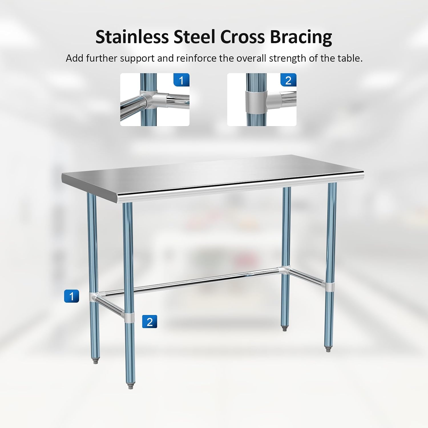 ROVSUN Open Base Stainless Steel Table 48 x 24 Inches, NSF Commercial Heavy Duty Prep & Work Table,Metal Table for Kitchen, Restaurant, Home, Hotel, Garage, Laundry