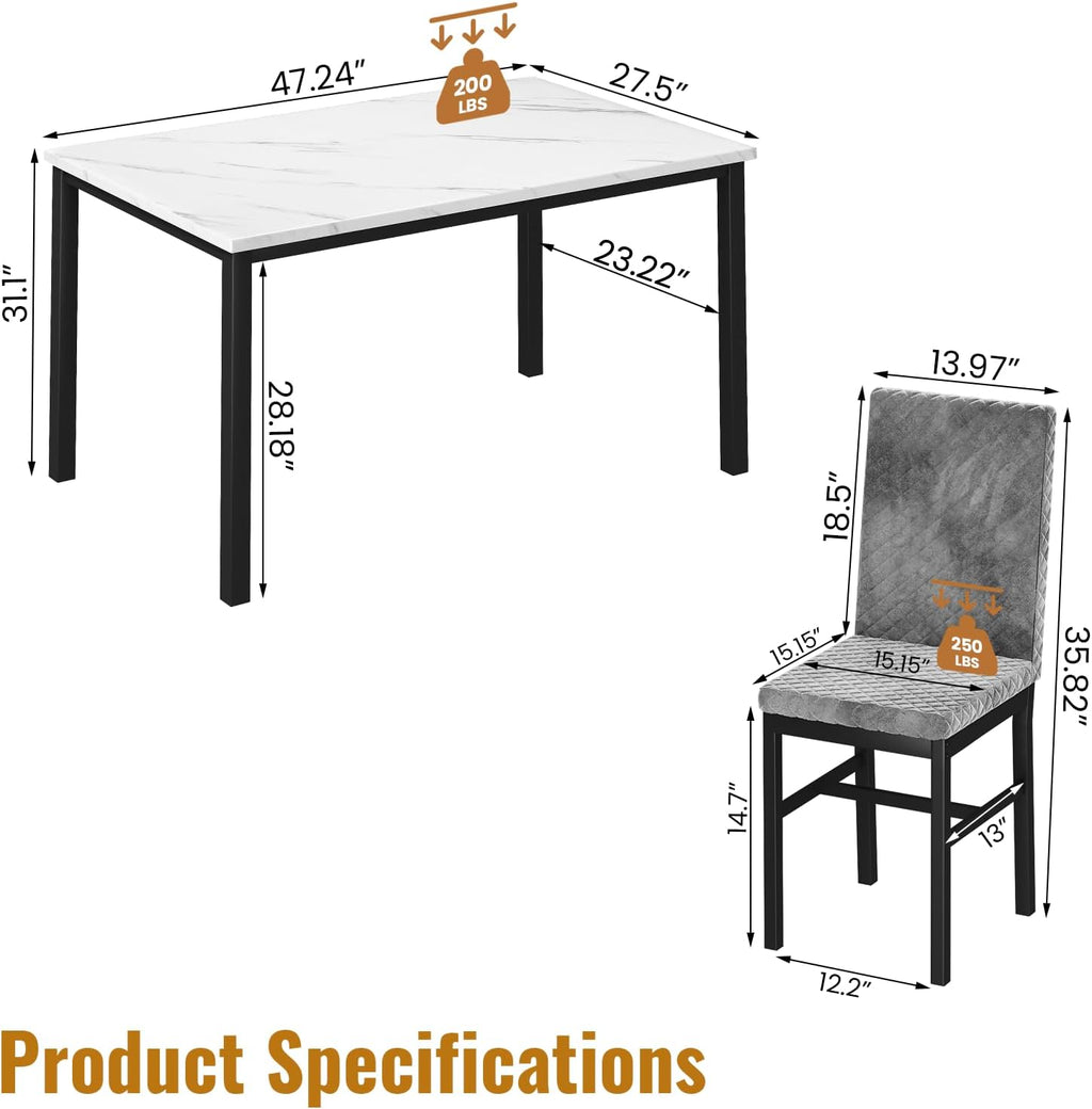 Hooseng Kitchen Table Set 5 Piece Dining Room Table Set Marble Dining Table 4 Chair Dining Table Set for Kitchen Living Room Breakfast Small Spaces (Grey)