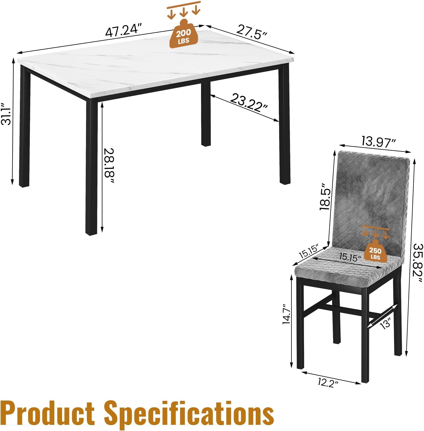 Hooseng Kitchen Table Set 5 Piece Dining Room Table Set Marble Dining Table 4 Chair Dining Table Set for Kitchen Living Room Breakfast Small Spaces (Grey)