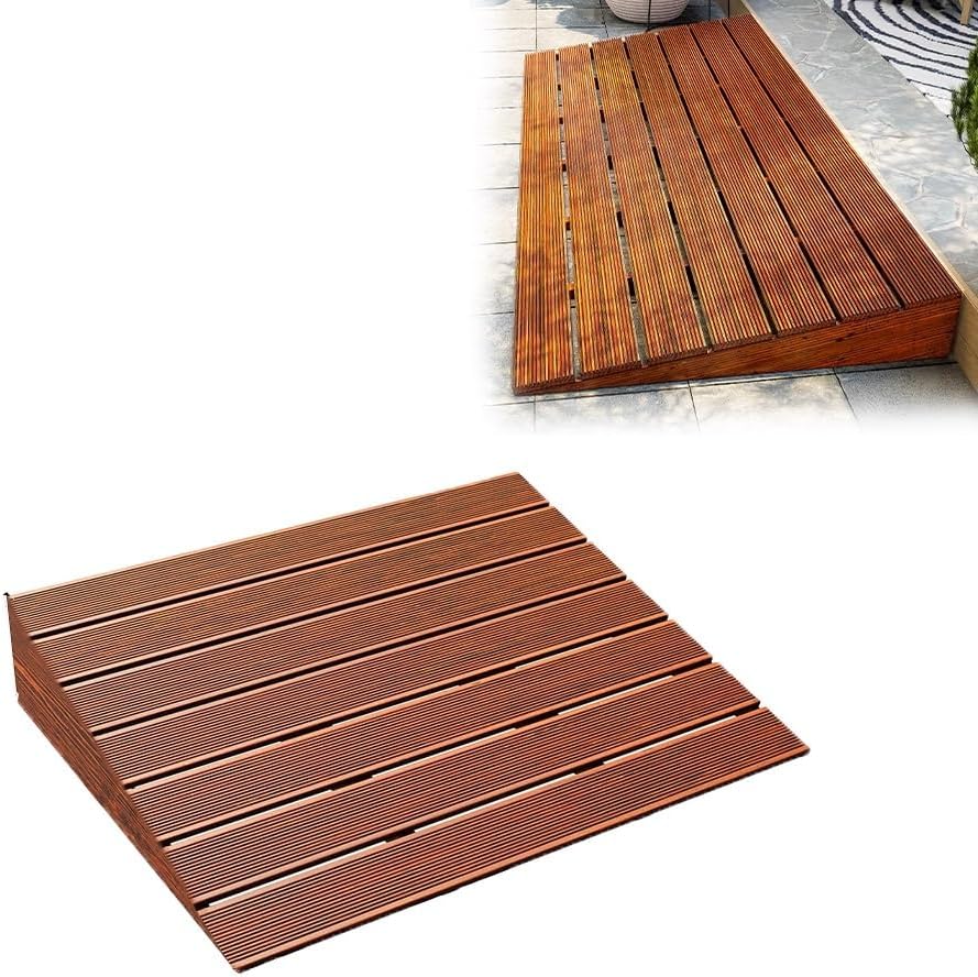 Wooden Threshold Ramp with Non-Slip Grooves, Portable Wood Wheelchair Ramps, Doorway Ramp for Walkers, Trolleys, Scooters, Sweepers(Coffee,50x50x10cm(20x20x4in))