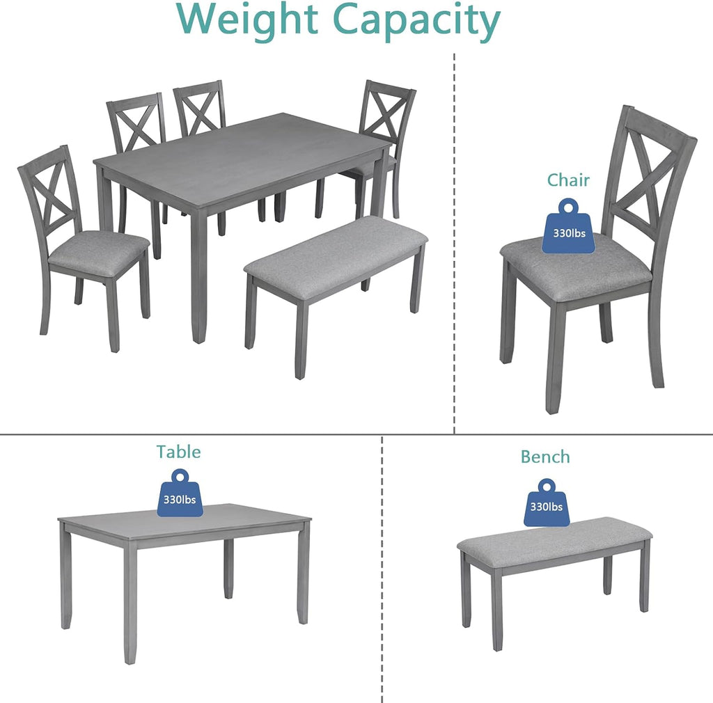 Harper & Bright Designs 6-Piece Dining Table Set with 4 Upholstered Chairs & Bench, 58.5' Rectangular Solid Wood Frame Table, Dining Table Set for 6 People, Living Room, Home Bar and Kitchen,Grey
