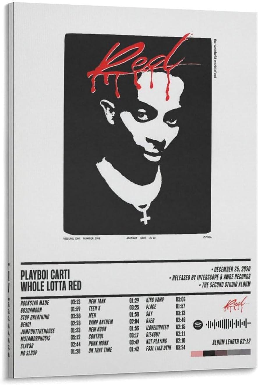 ZANLIART Playboi Carti - Whole Lotta Red Album Cover Canvas Print Music Poster for Room Aesthetic Frame:16x24inch(40x60cm)