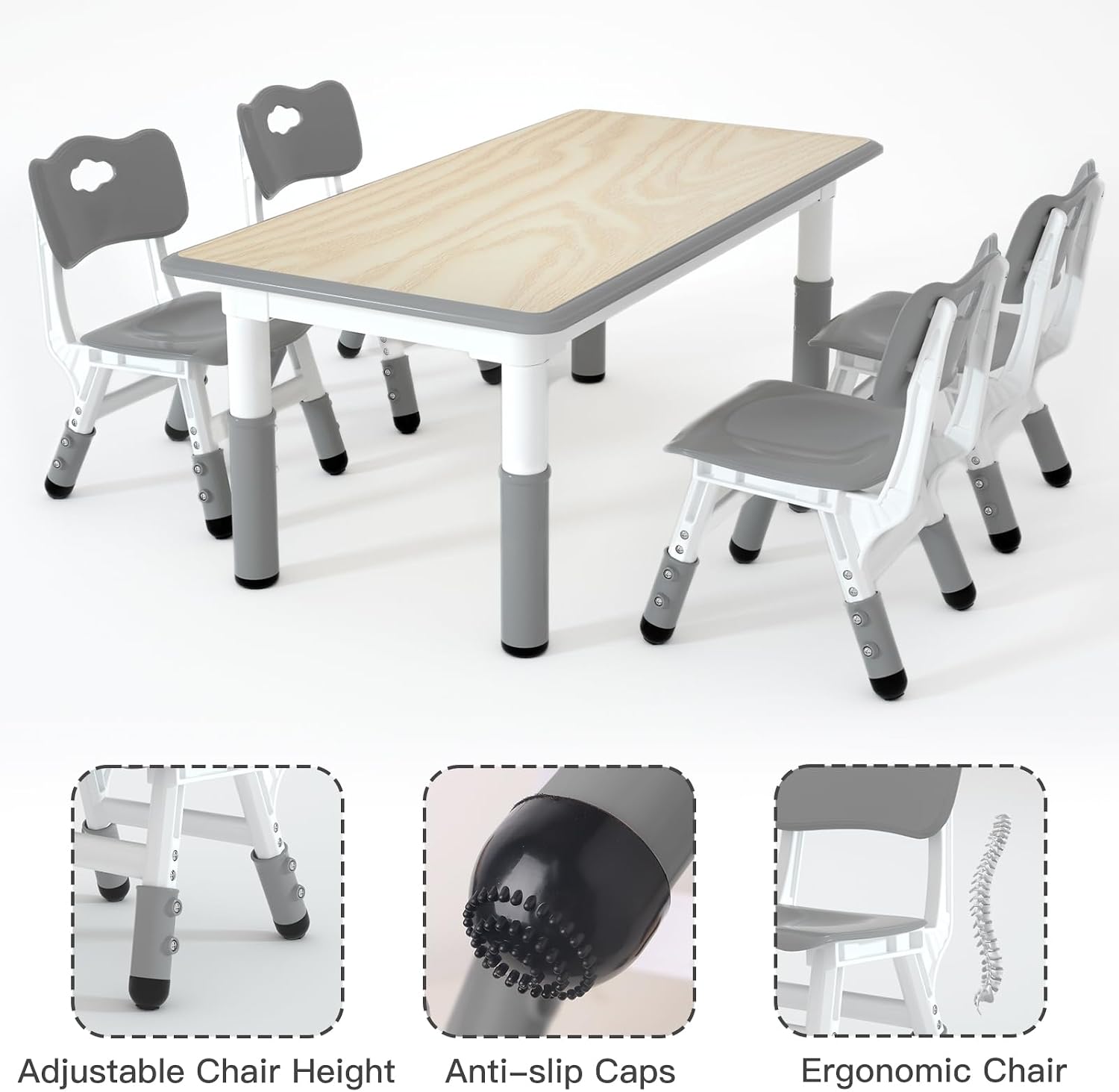 LulliSpace Kids Table and 4 Chairs Set，Height Adjustable Children Table & Chair，Toddlers Study Multi-Activity Table with 47.2'x23.6' Wipe-Clean Desktop，for Classrooms, Homes & Daycares