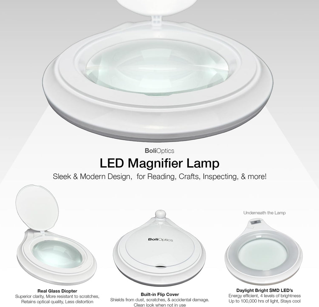 (Glass Lens) Professional LED Magnifying Lamp with Clamp, Dimmable, 1200 Lumens, 5600K-6000K Daylight Bright 60 SMD LED, Work Light Mounting Bracket Clamp (8 Diopter) BoliOptics MG16303321