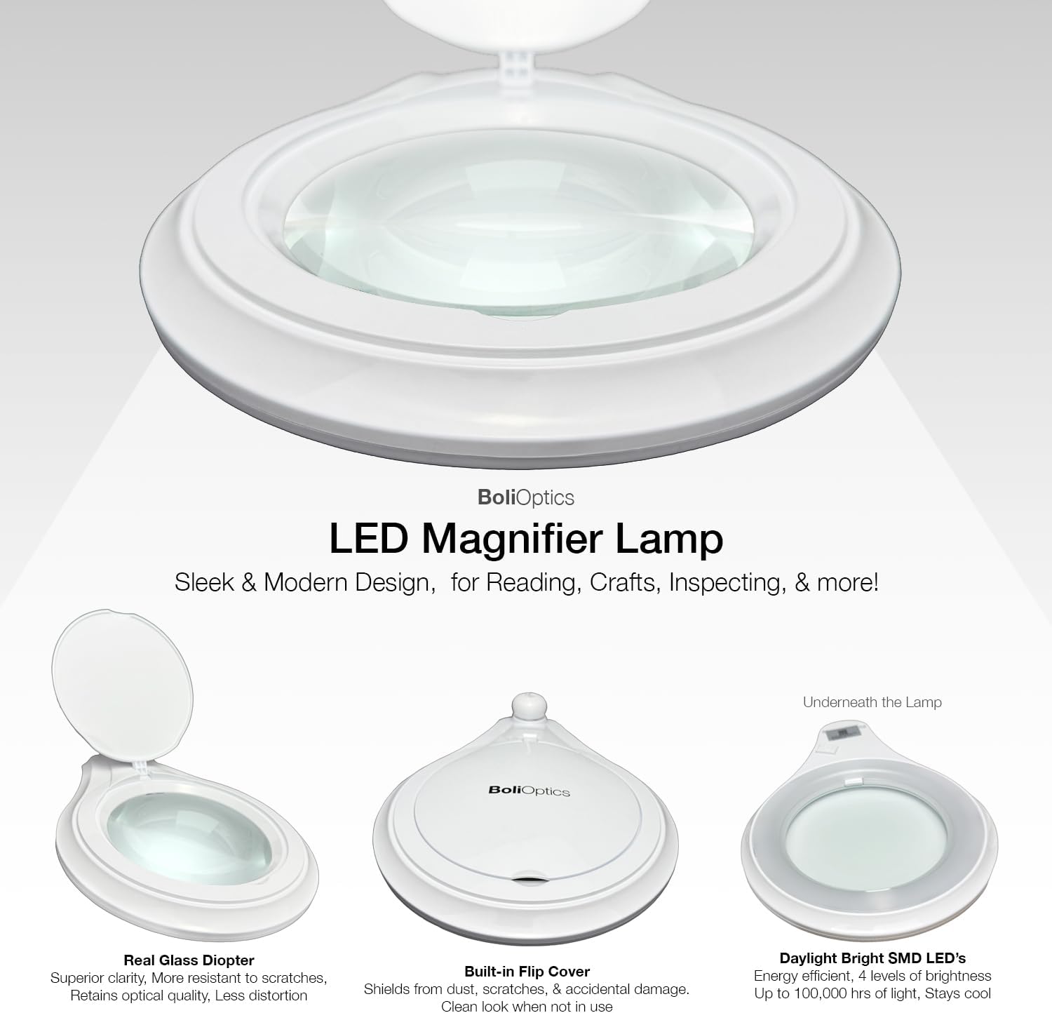 (Glass Lens) Professional LED Magnifying Lamp with Clamp, Dimmable, 1200 Lumens, 5600K-6000K Daylight Bright 60 SMD LED, Work Light Mounting Bracket Clamp (8 Diopter) BoliOptics MG16303321