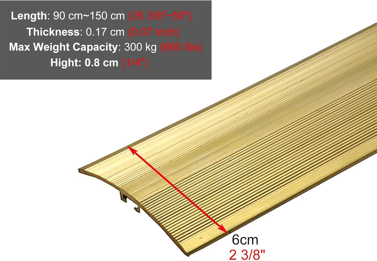 Vibeo Threshold Strip 90 100 110 120 130 140 150 Cm Long Brass Floor Transition Strip, 3 3.5 4 5 6 Cm Wide Threshold Seal Bar, Wood to Tile Floor Divider Strip(L120cm(47 1/4'),W6cm(2 3/8'))