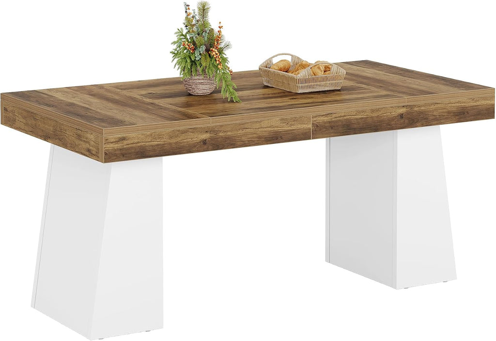 Tribesigns 55-Inch Dining Room Table for 4, Mid-Century Modern Dining Table with Double Pedstral, Rectangular Wood Kitchen Dinner Tables for Dining Room, Kitchen, Home, White & Brown(Only Table)