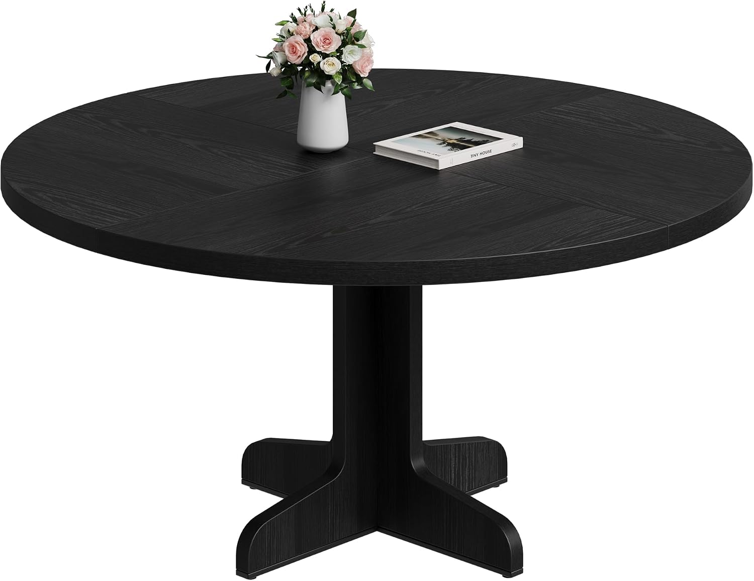 IDEALHOUSE Round Dining Table for 4, 47 Inches Dining Room Table with Wooden Base, Circle Kitchen Dinner Table for Dining Room, Kitchen, Living Room (Table Only), Black