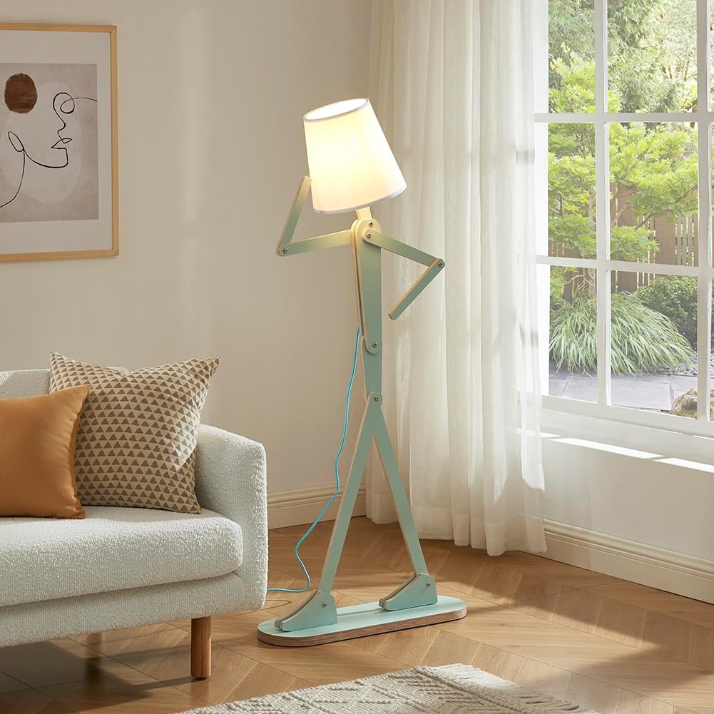 Unique Mini Wood Floor Lamp for Living Room Bedroom Office Farmhouse - Cute Corner Decorative Reading Standing Light Creative Swing Arm Arc Design Gift for Kids Room (Green Mini)
