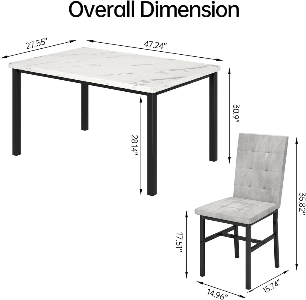 Hooseng Dining Room Table Set 5 Piece Dining Table Set Marble Dining Table 4 Chair Dining Table Set for Kitchen Living Room Breakfast Small Spaces (White & Grey)