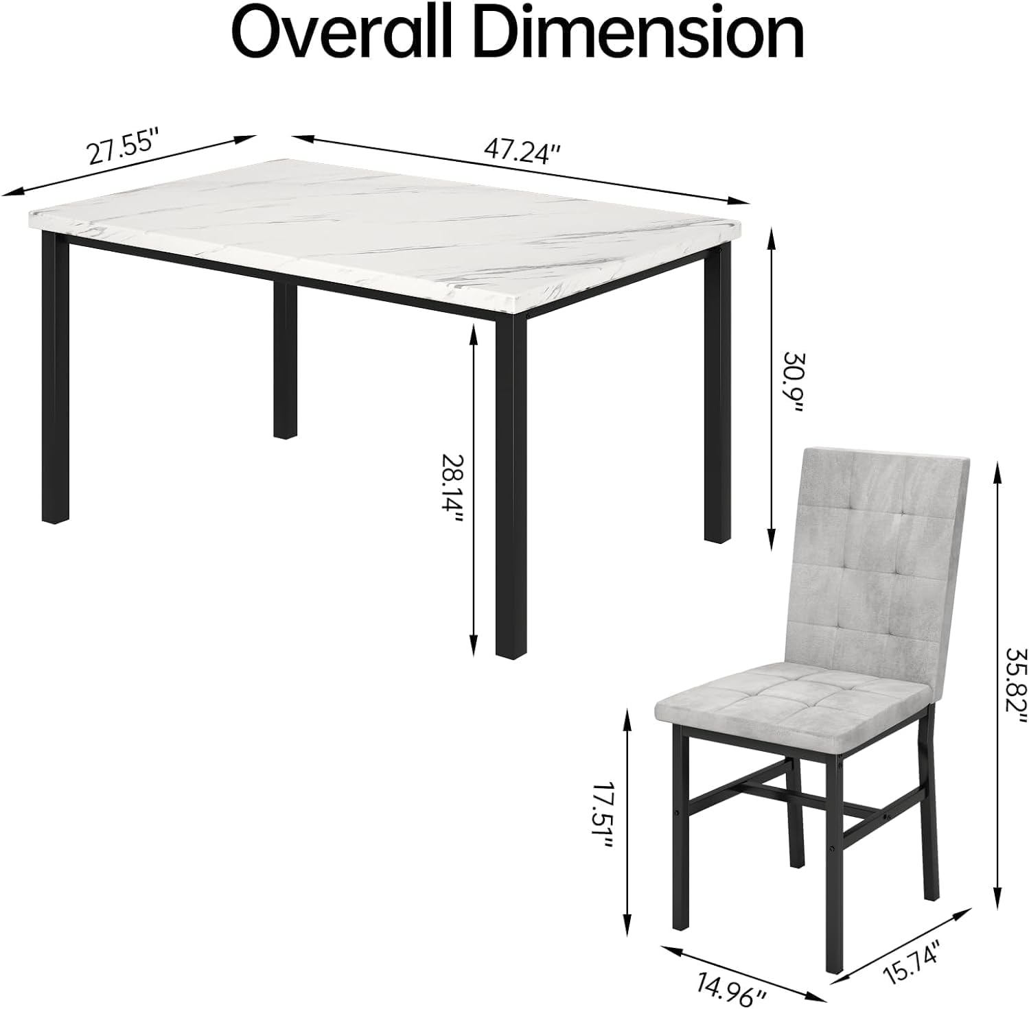 Hooseng Dining Room Table Set 5 Piece Dining Table Set Marble Dining Table 4 Chair Dining Table Set for Kitchen Living Room Breakfast Small Spaces (White & Grey)