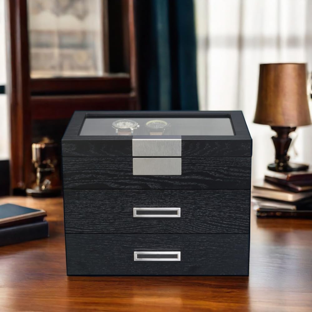 TIMELYBUYS 30 Black Ebony Wood Watch Extra Height Clearance Box Display Case 3 Level Storage Jewelry Organizer with Glass Top, Stainless Steel Accents, and 2 Drawers